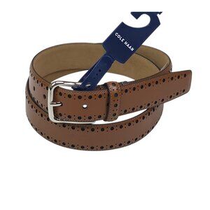 Cole Haan Mens Perforated Tan Leather Belt Size L 38/40 Polished Silver Buckle